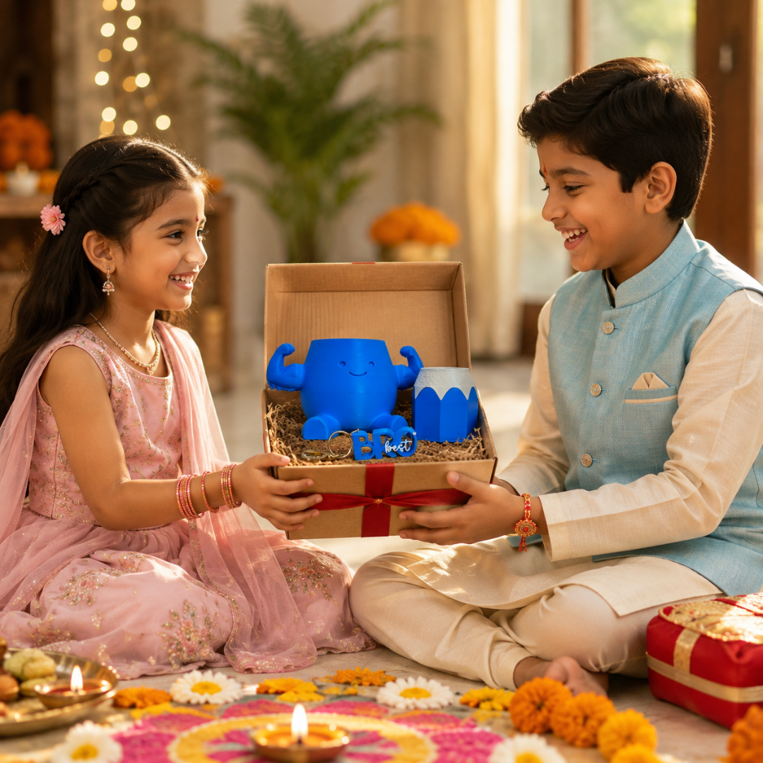 Brother's Rakhi Gift Combo | Muscle Planter, Pencil Pen Holder & Keychain 💙🎁