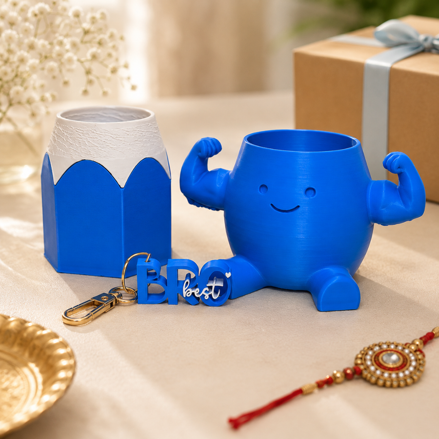 Brother's Rakhi Gift Combo | Muscle Planter, Pencil Pen Holder & Keychain 💙🎁