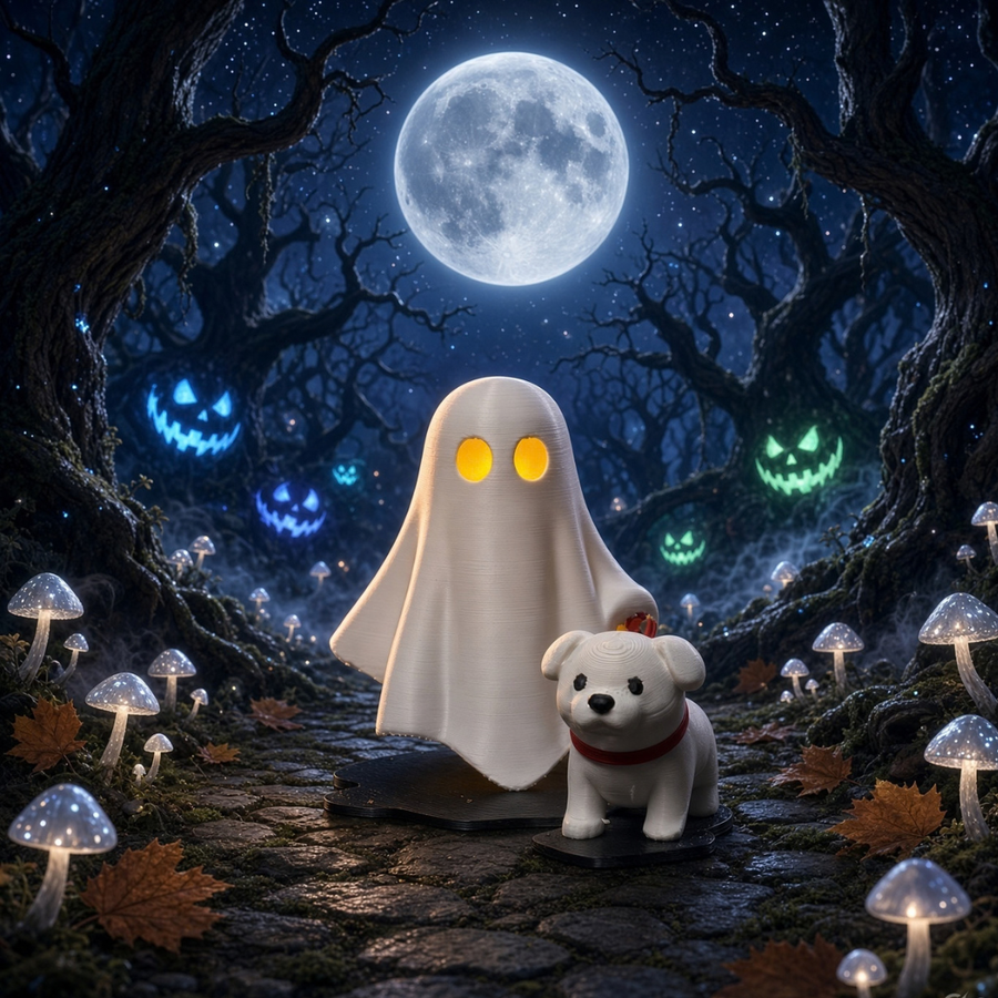 Ghost with Dog on Walk | 3D Printed Halloween Decor